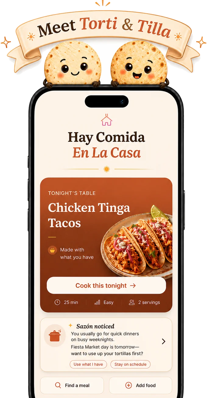 A preview of the Hay Comida app showing tonight's Chicken Tinga Tacos, with mascots Torti and Tilla peeking over the phone